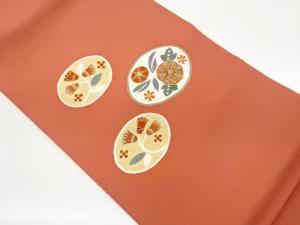 塩瀬金彩丸文に花葉模様刺繍名古屋帯